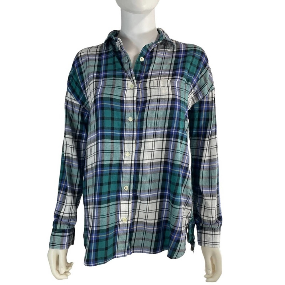 Old Navy Blue Green Plaid Flannel Boyfriend Shirt Long Sleeve Small